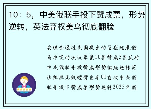 10：5，中美俄联手投下赞成票，形势逆转，英法弃权美乌彻底翻脸